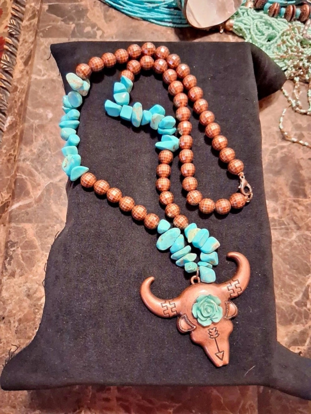 Turquoise Bull Skull Pendant Necklace